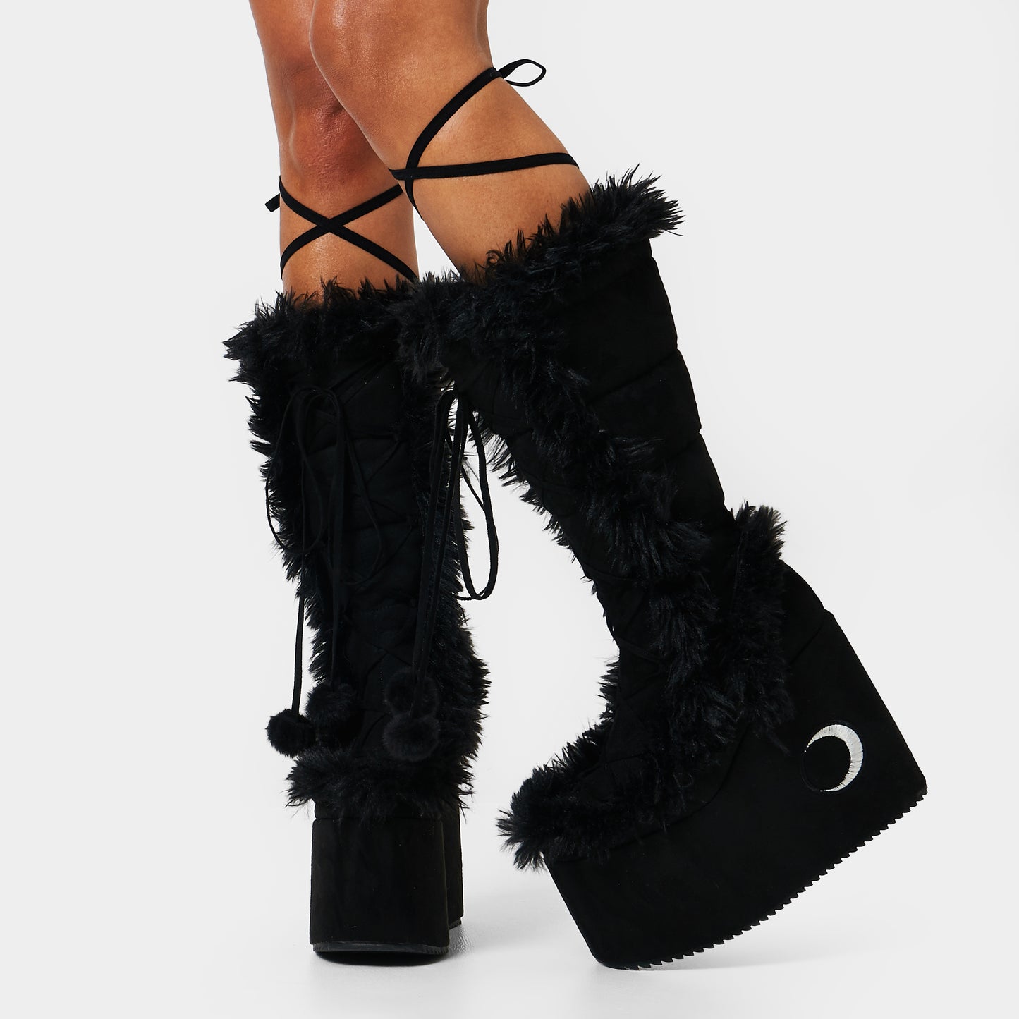 La Push Crescent Platform Faux Fur Long Boots - Black