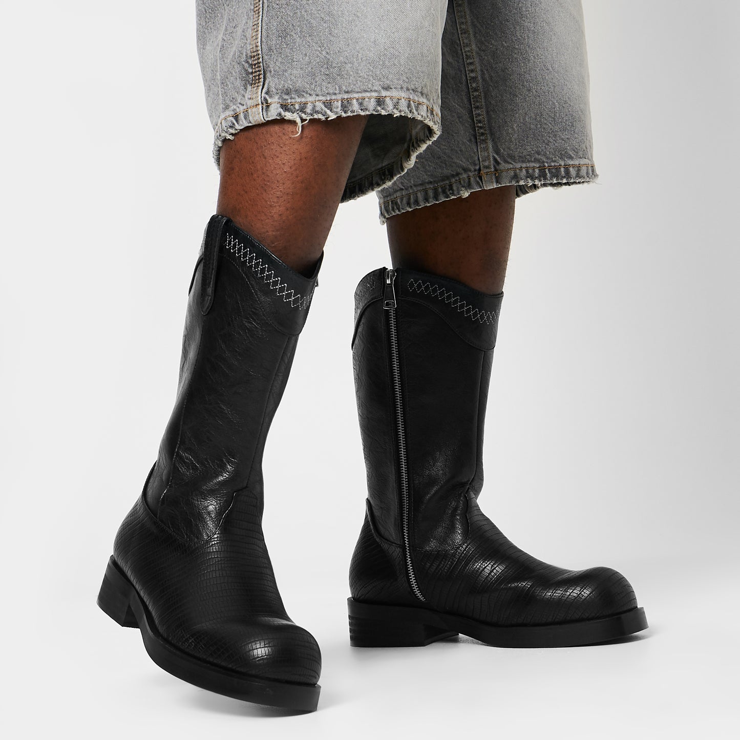 The Last Courtship Men's Ornate Stacked Cowboy Boots - Black Lizard