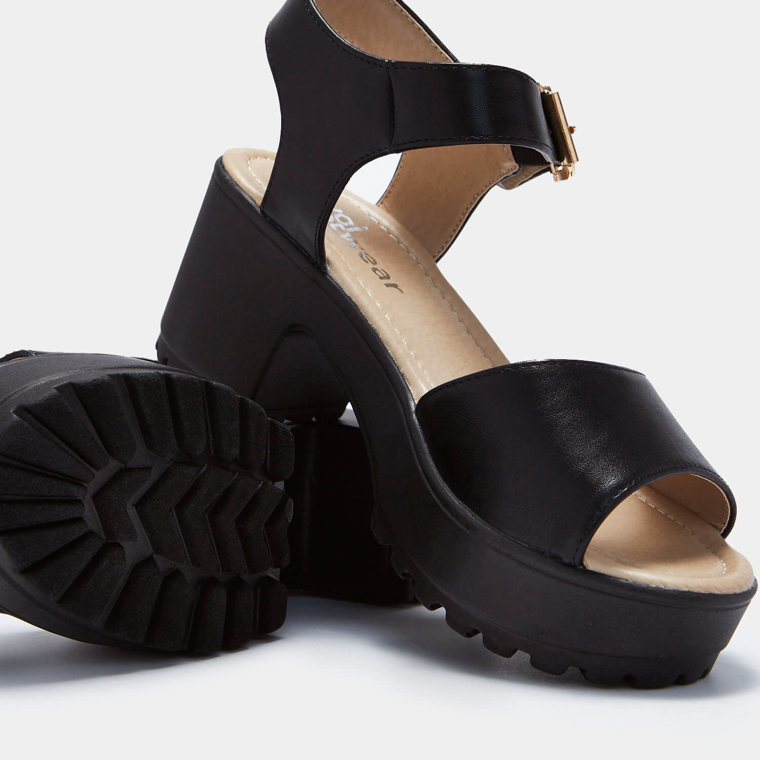 Black Ankle Strap Chunky Platform Cleated Sandals KOI footwear