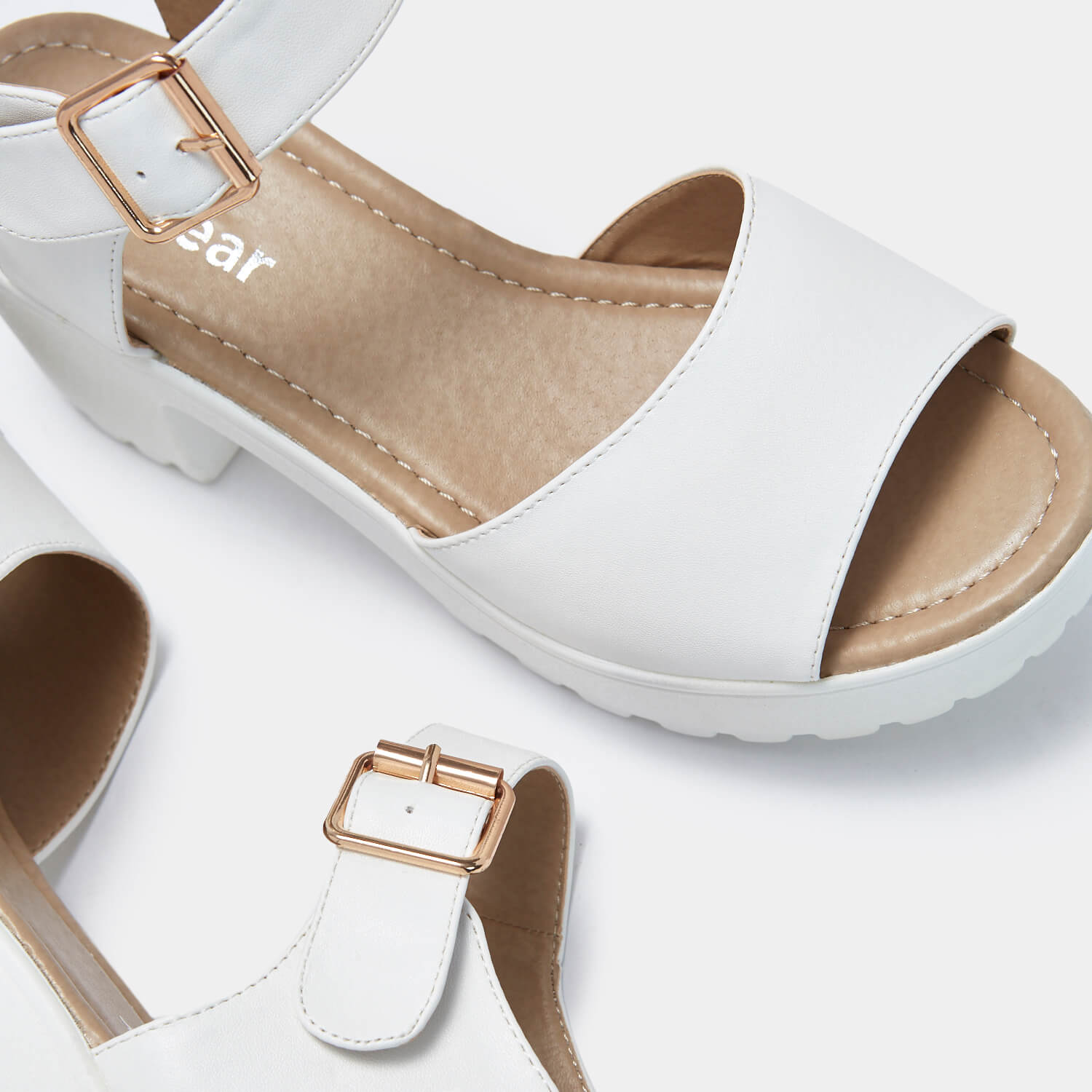 White chunky flat store sandals